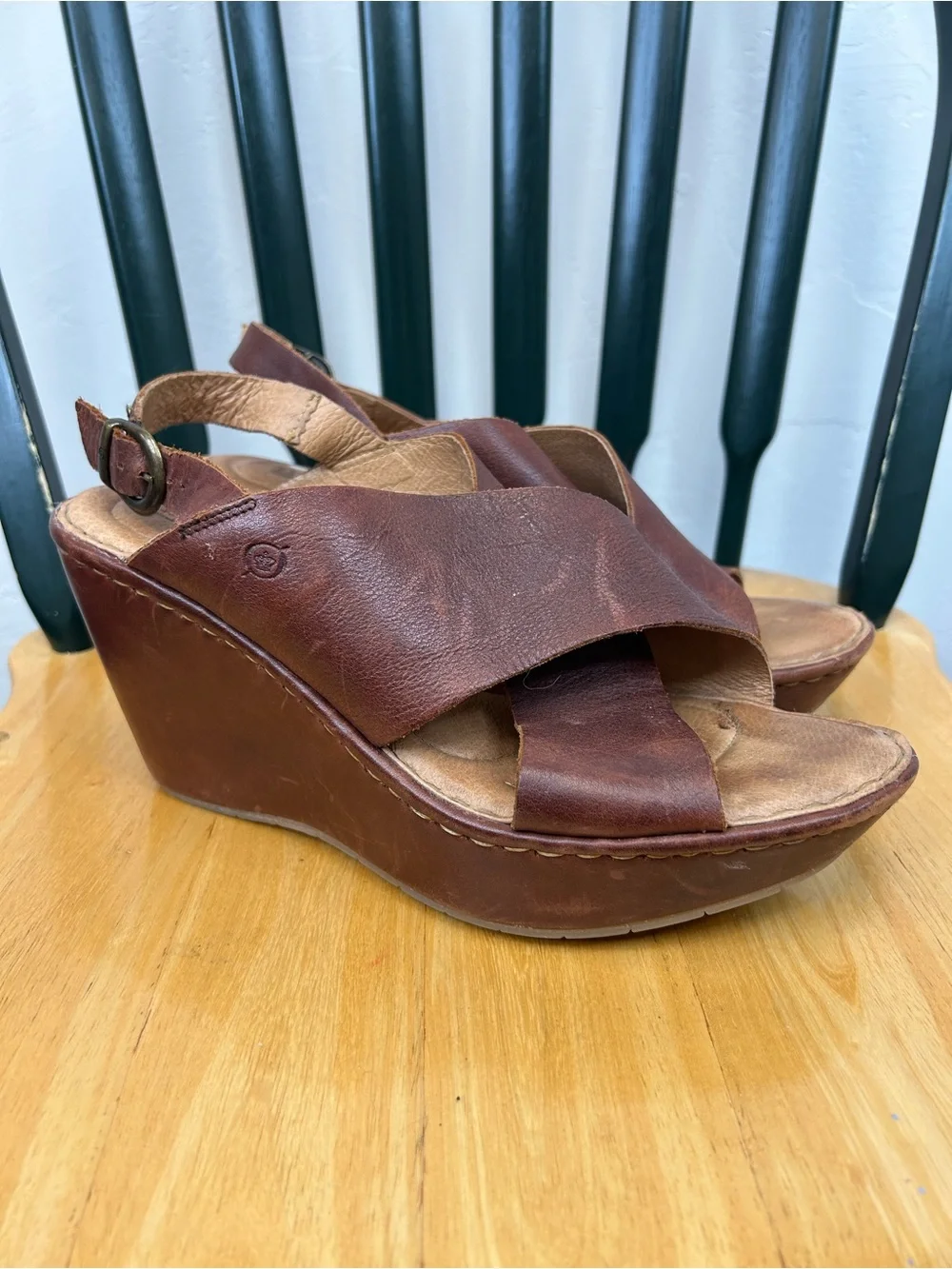 Born Brown Leather Cross-Strap Wedge Sandals Size 10 Summer Vacation Boho Retro